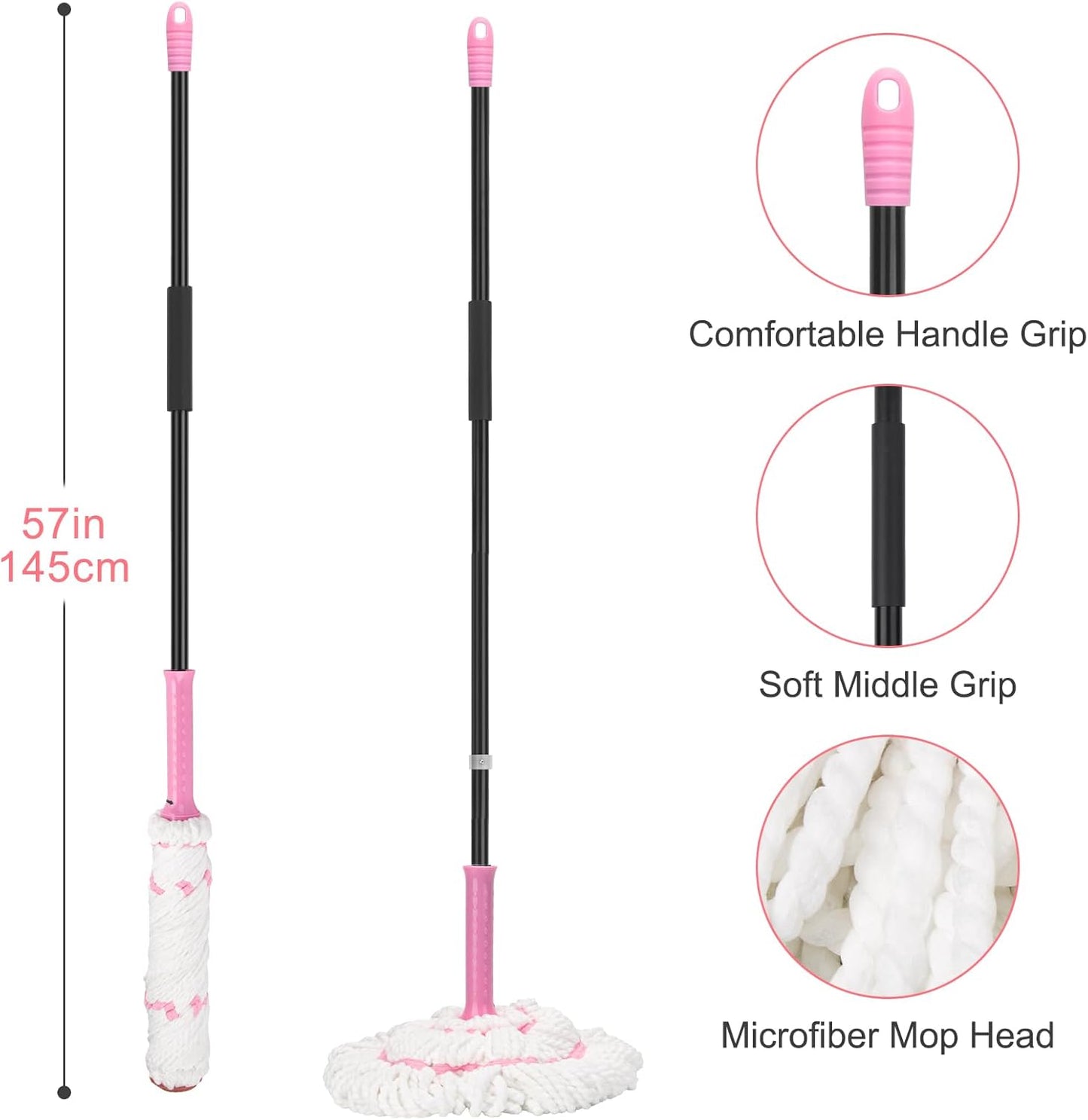 57 - Inch (145cm) Dual - Grip Microfiber Mop, Ergonomic Design, Multi - Scenario Cleaning Tool