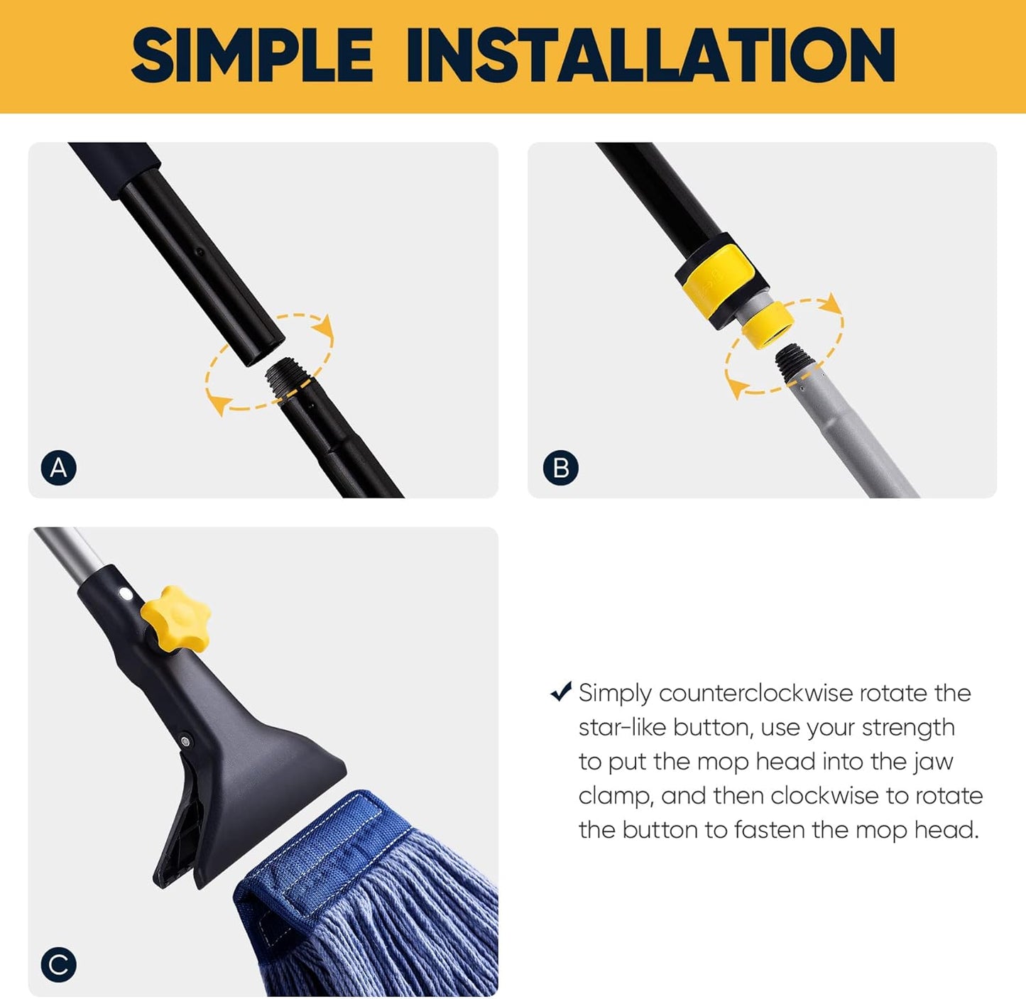 Classic Cotton Yarn Mop, Ergonomic Handle Design, Large Mop Head for Efficient Cleaning(Pole Length: approx. 120cm, Mop Head Diameter: approx. 28cm )