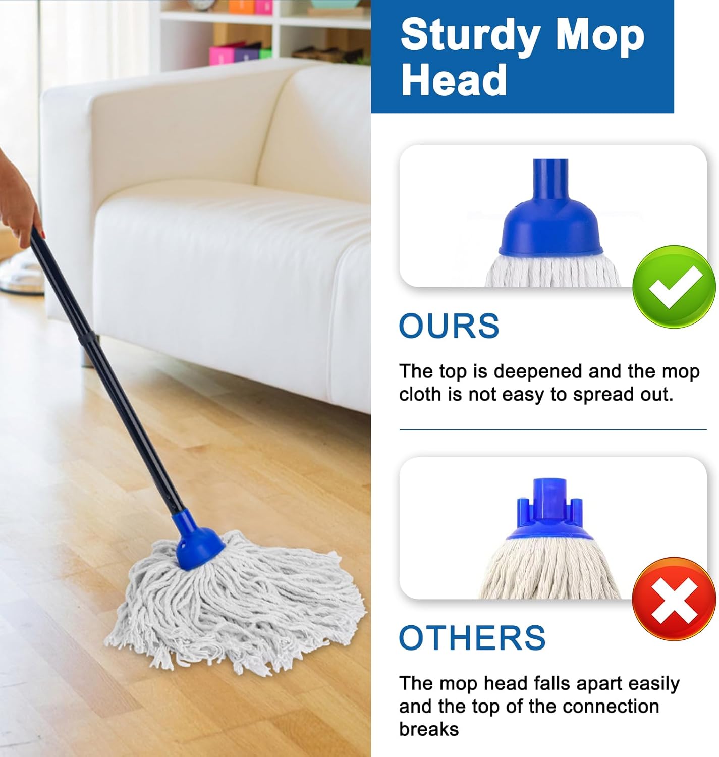 Thickened Steel Pipe Mop, Thin Screw Head Design, Cotton Yarn Mop Head, Stable & Durable, Suitable for Various Cleaning Scenarios