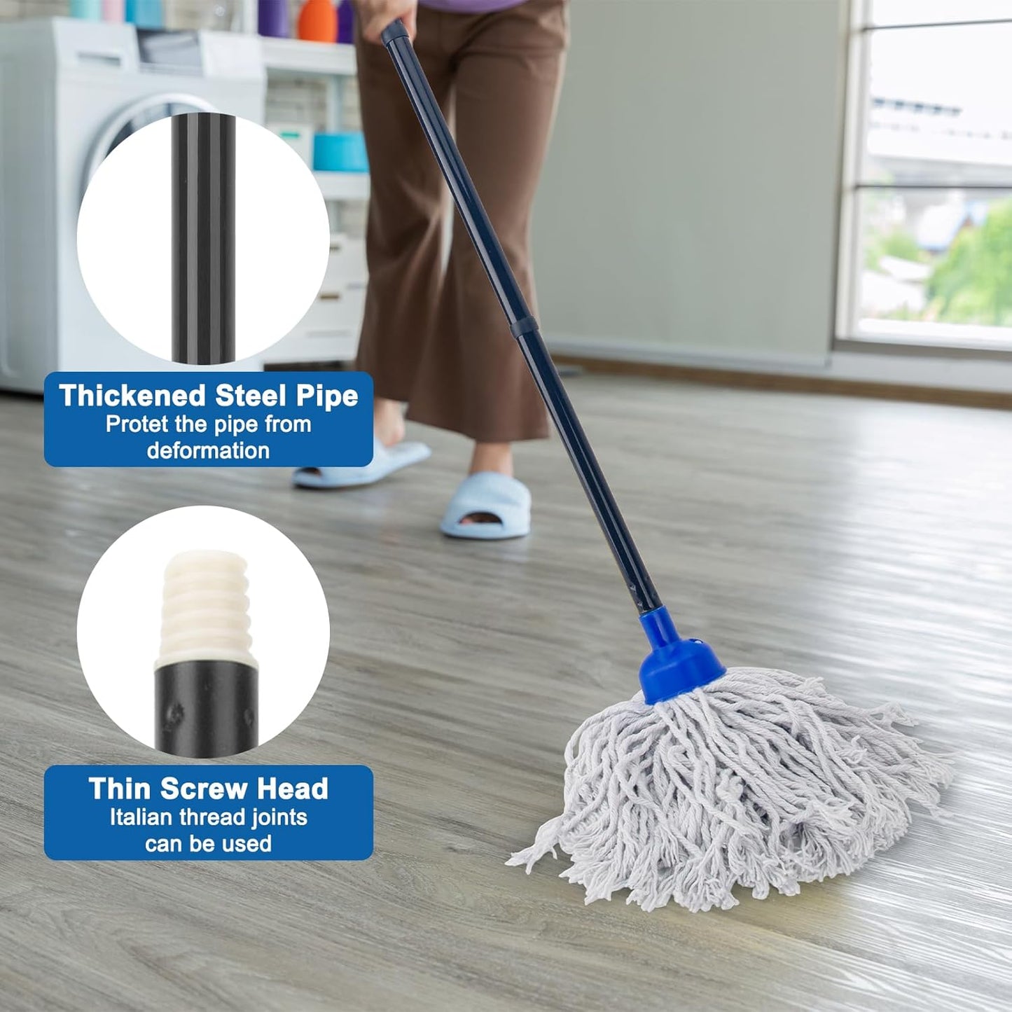 Thickened Steel Pipe Mop, Thin Screw Head Design, Cotton Yarn Mop Head, Stable & Durable, Suitable for Various Cleaning Scenarios