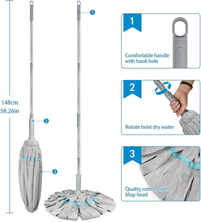 58.26 - Inch (148cm) Rotating Twist - Dry Mop, Hook Handle + Quality Cotton Head, Efficient Multi - Scenario Cleaning Tool