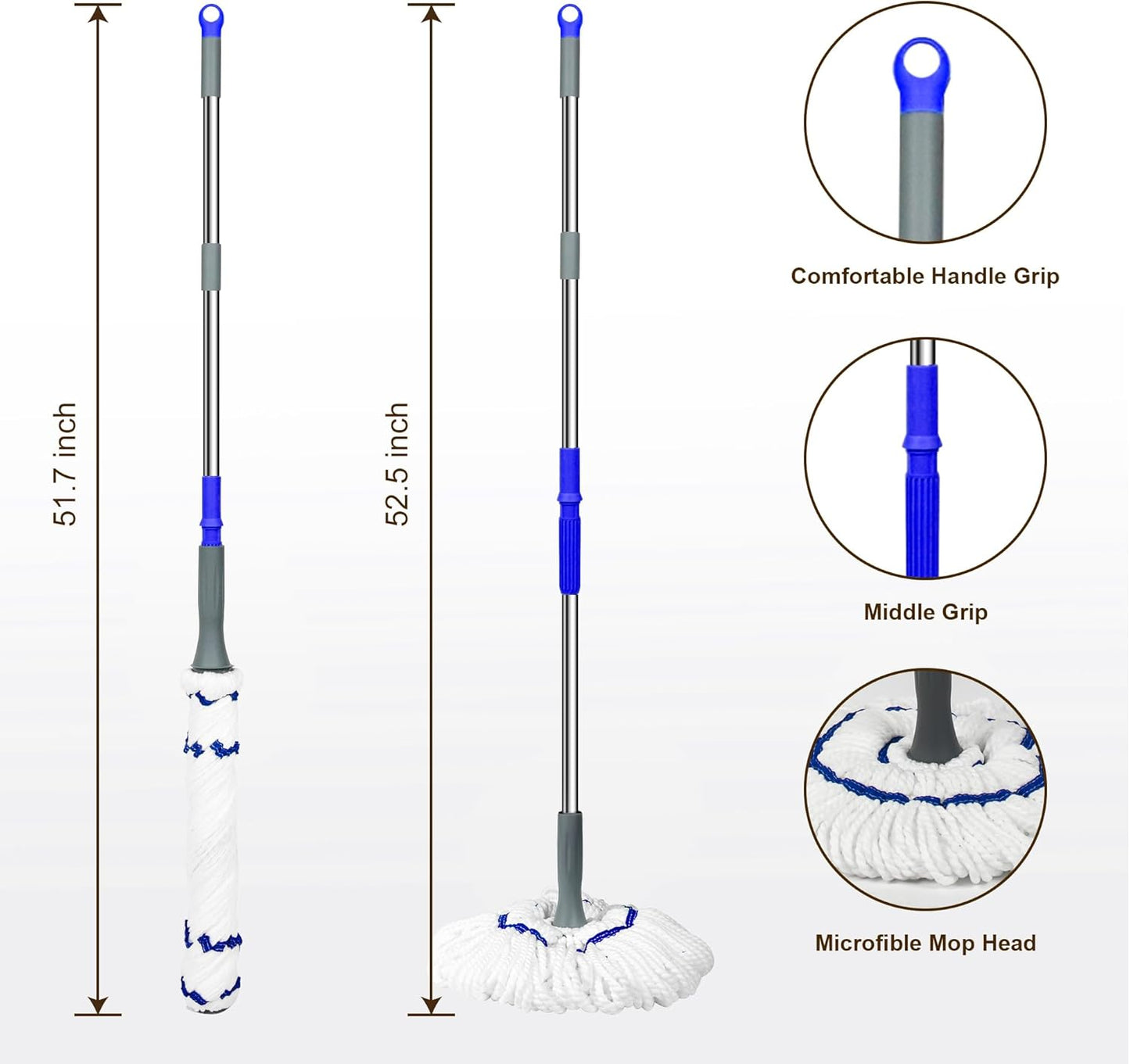 Ergonomic Dual - Grip Mop, 51.7 - 52.5 Inches Adjustable Pole Length, Microfibrile Mop Head, Comfortable Cleaning Helper