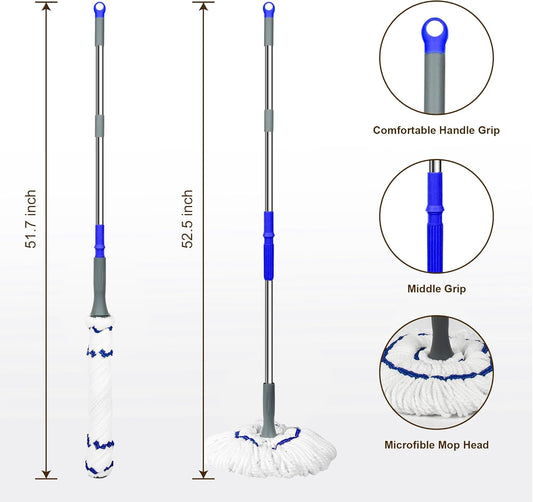 Ergonomic Dual - Grip Mop, 51.7 - 52.5 Inches Adjustable Pole Length, Microfibrile Mop Head, Comfortable Cleaning Helper
