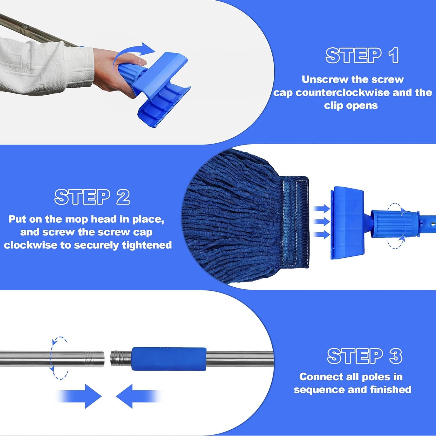 Splicable Stainless Steel Pole Mop Set, Multi - Component Flexible Combination, Blue Cotton Yarn Mop Head, Suitable for Multi - Scenario Cleaning (Adjustable Pole Length by Splicing )