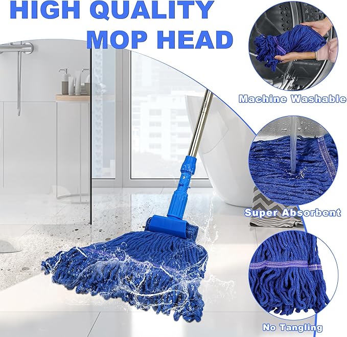 Splicable Stainless Steel Pole Mop Set, Multi - Component Flexible Combination, Blue Cotton Yarn Mop Head, Suitable for Multi - Scenario Cleaning (Adjustable Pole Length by Splicing )