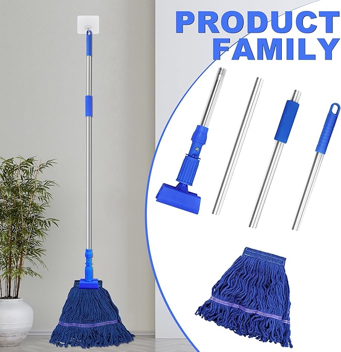 Splicable Stainless Steel Pole Mop Set, Multi - Component Flexible Combination, Blue Cotton Yarn Mop Head, Suitable for Multi - Scenario Cleaning (Adjustable Pole Length by Splicing )