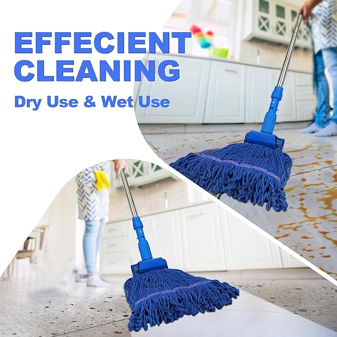 Splicable Stainless Steel Pole Mop Set, Multi - Component Flexible Combination, Blue Cotton Yarn Mop Head, Suitable for Multi - Scenario Cleaning (Adjustable Pole Length by Splicing )