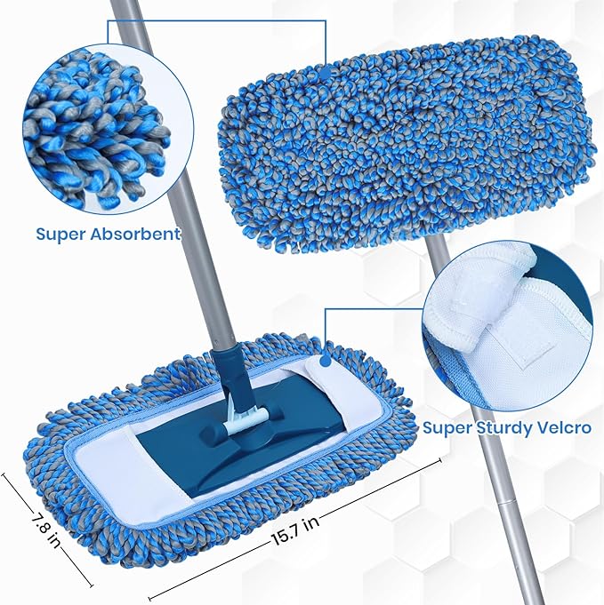 Super Absorbent Flat Mop, 15.7×7.8 Inch Large Mop Head, Super Sturdy Velcro, Efficient Home Cleaning Tool