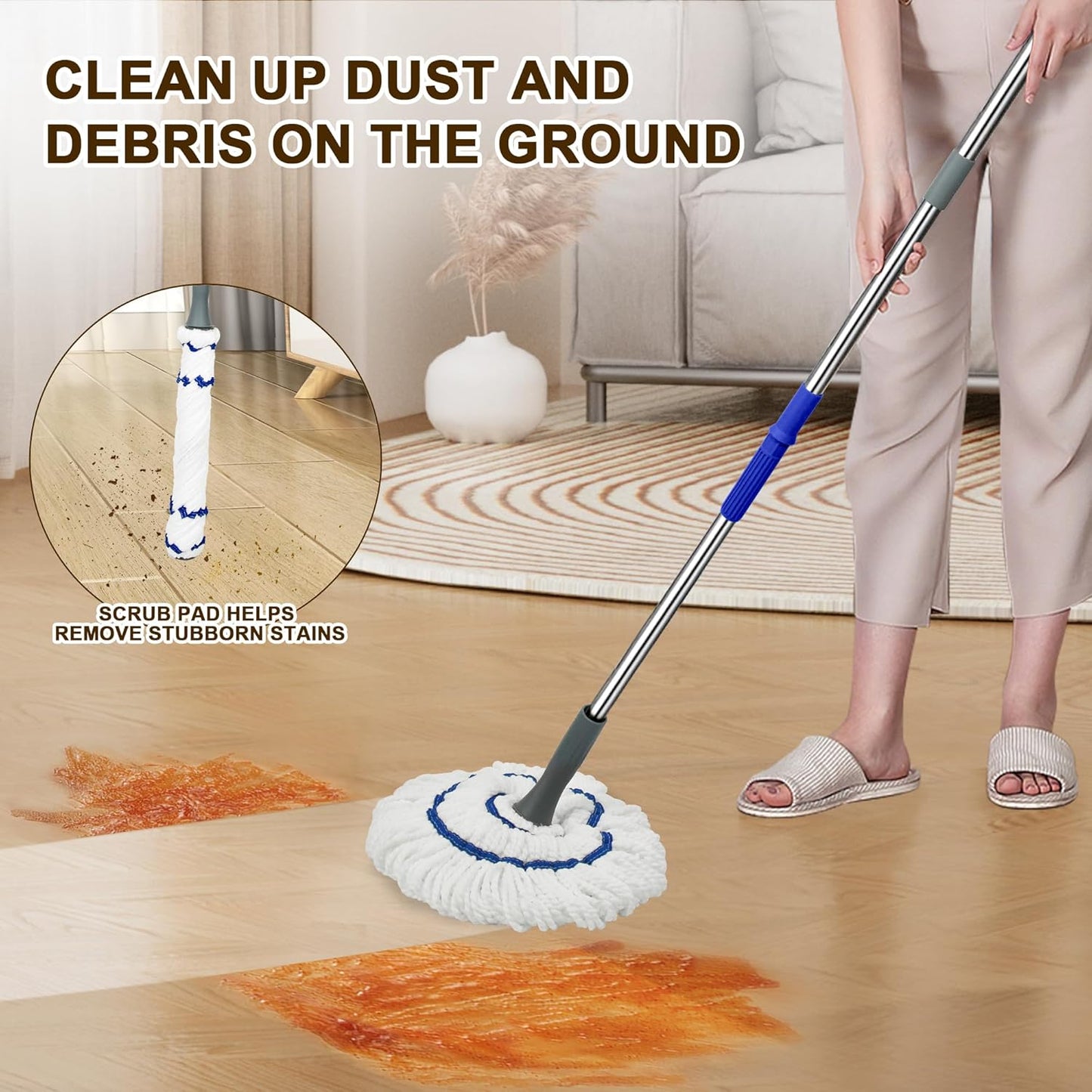 Ergonomic Dual - Grip Mop, 51.7 - 52.5 Inches Adjustable Pole Length, Microfibrile Mop Head, Comfortable Cleaning Helper